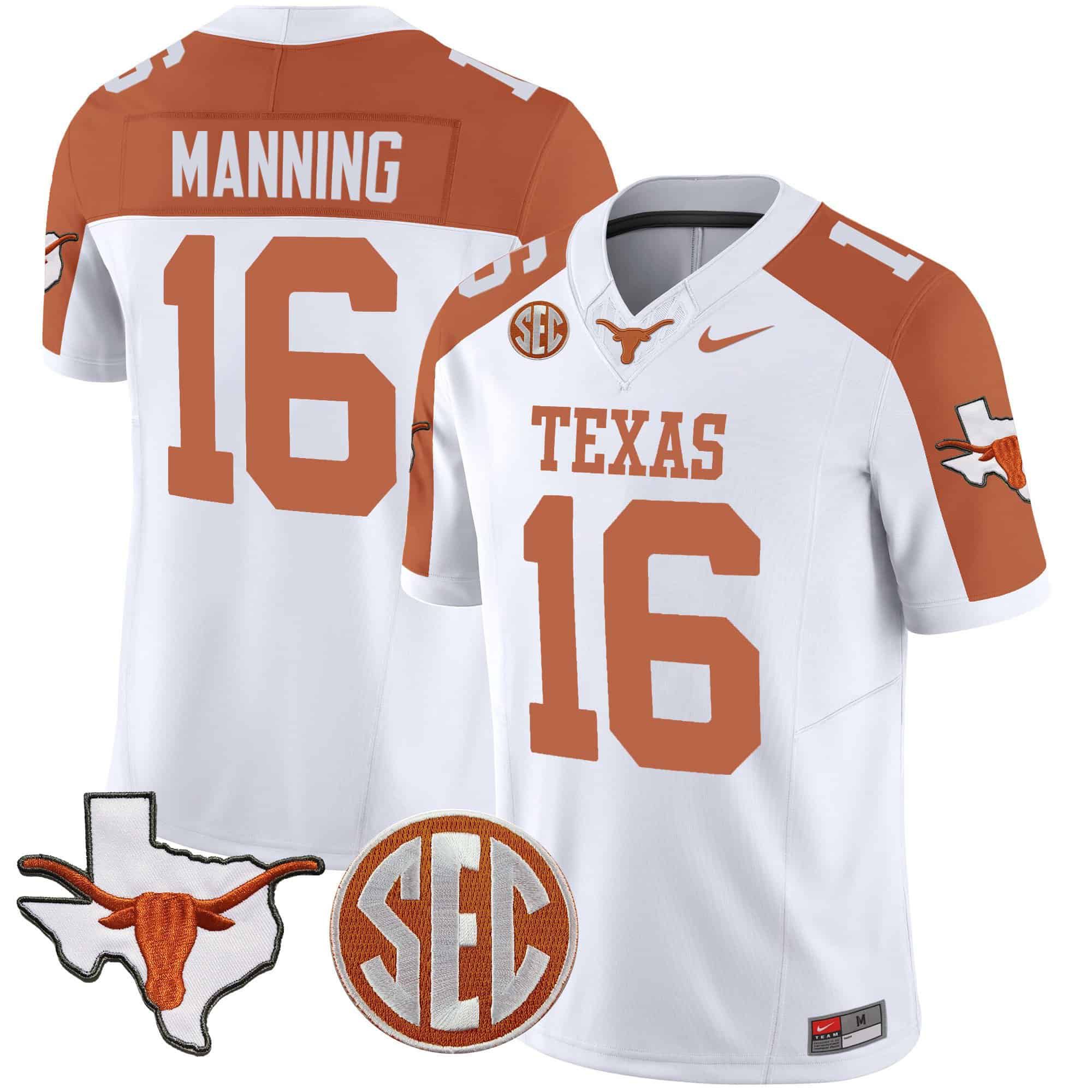 Men Texas Longhorns #16 Manning White 2024 Nike State Map & SEC Patch Vapor NCAA Jersey style 1